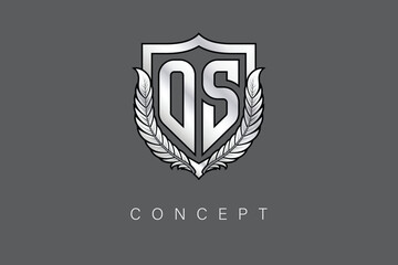 OS Creative Initial Letter Logo with Shield and Laurel Wreath Silver Metallic Branding Emblem on Gray Background.