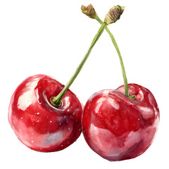Watercolor illustration of two ripe cherries on a black background showcasing fruit