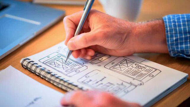 A designer sketches website wireframes in a notebook while working on a laptop at a desk