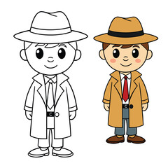 A cartoon-cute-detective coloring page featuring a playful sleuth with a magnifying glass, hat, and coat, ready to solve mysteries with charm and fun details to color.
