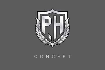 PH Creative Initial Letter Logo with Shield and Laurel Wreath Silver Metallic Branding Emblem on Gray Background.