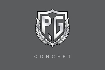 PG Creative Initial Letter Logo with Shield and Laurel Wreath Silver Metallic Branding Emblem on Gray Background.