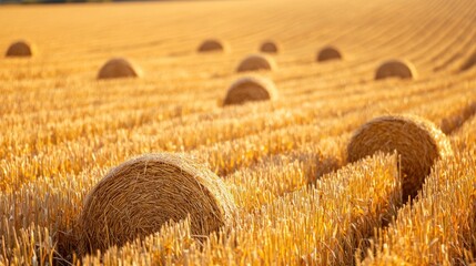A golden field of hay with bales of straw scattered across it.