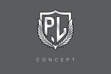 PL Creative Initial Letter Logo with Shield and Laurel Wreath Silver Metallic Branding Emblem on Gray Background.