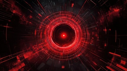 A red and black abstract digital tunnel with glowing red lines and a central red light.