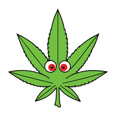 A playful cartoon marijuana leaf with red eyes, symbolizing a stoned expression. Fun, quirky, and bold, it captures a lighthearted take on cannabis culture.
