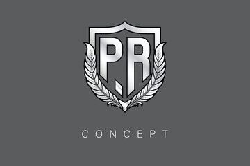 PR Creative Initial Letter Logo with Shield and Laurel Wreath Silver Metallic Branding Emblem on Gray Background.