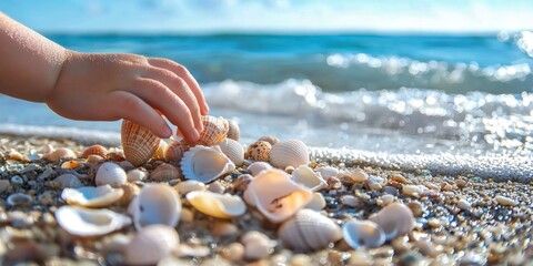 Collecting seashells on a beach