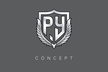 Fototapeta premium PY Creative Initial Letter Logo with Shield and Laurel Wreath Silver Metallic Branding Emblem on Gray Background.