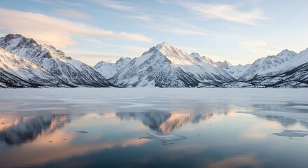 Frozen lake reflecting snow-covered mountains, winter landscape and serene natural scenery.