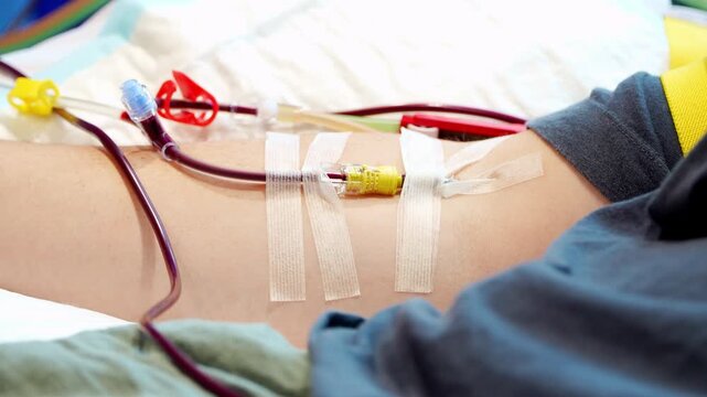 Steady medium close shot of an IV cannula inserted into a donor&rsquo;s arm. Blood flows through a connected tube during a medical procedure, highlighting healthcare equipment and clinical practice.