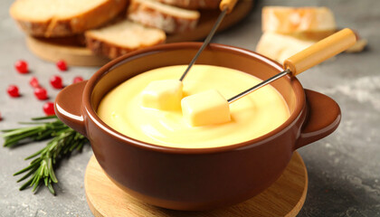 Golden Cheese Fondue Delight: A tantalizing close-up of a Swiss cheese fondue, capturing the smooth, creamy texture, inviting culinary experience.