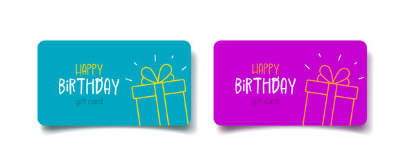 Bright, fun birthday gift cards for him and her. Minimalistic linear style gift. For business, retail, stores. Greeting, surprise. Vector illustration.