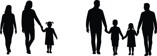 Silhouettes of Diverse Families Walking Holding Hands, Parents and Children, Togetherness, Love, Unity, Care, Connection, Outdoor Family Concept