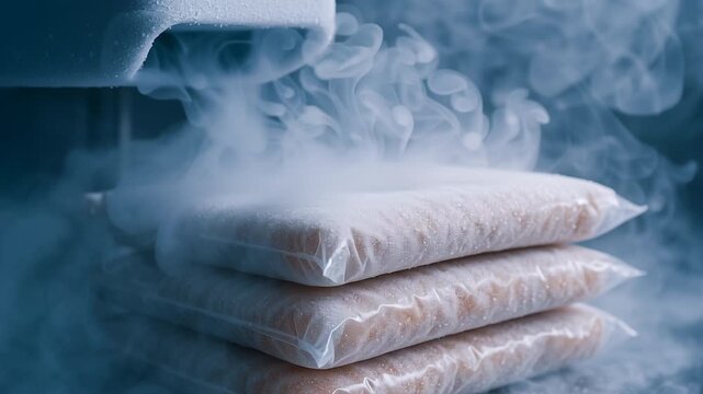 Frozen food processing industry utilizes advanced freezing technology and vacuum sealed packaging with cold vapor preservation for quality control