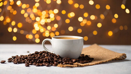 Aromatic Coffee Moment: A warm, inviting ambiance created by a ceramic cup of fresh coffee, surrounded by roasted beans and soft, bokeh lights, inviting the viewer to savor the moment. 