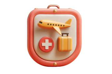 3d shield with airplane, suitcase, and medical cross symbolizing travel insurance protection