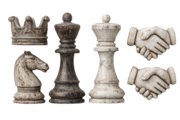 Flatlay of leadership and teamwork icons including chess knight, crown, handshake, and lightbulb