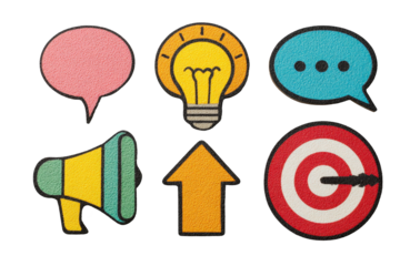 Colorful flatlay of creative icons including lightbulb, target, speech bubble, and arrow