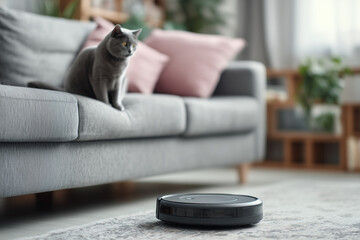 Cat sitting on sofa watching robotic vacuum cleaner on floor