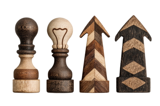 Leadership icons including lightbulb, chess knight, arrow, and human silhouette on transparent background