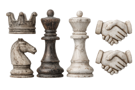 Flatlay of leadership and teamwork icons including chess knight, crown, handshake, and lightbulb