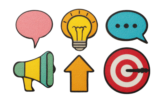 Colorful flatlay of creative icons including lightbulb, target, speech bubble, and arrow