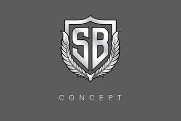 SB Creative Initial Letter Logo with Shield and Laurel Wreath Silver Metallic Branding Emblem on Gray Background.