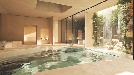 Luxurious indoor pool with waterfall feature and natural light in a modern spa retreat creating a serene and calming atmosphere