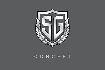 SG Creative Initial Letter Logo with Shield and Laurel Wreath Silver Metallic Branding Emblem on Gray Background.