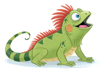 Obraz premium A green cartoon iguana with red spines, darker green spots, and a curled tail, shown sitting with a cheerful, open‑mouthed expression on a white background with colorful accents.