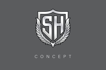 SH Creative Initial Letter Logo with Shield and Laurel Wreath Silver Metallic Branding Emblem on Gray Background.