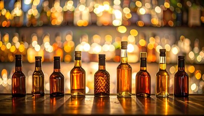 A row of small liquor bottles sits on a wooden bar top, illuminated by warm light, showcasing a variety of amber and brown spirits.