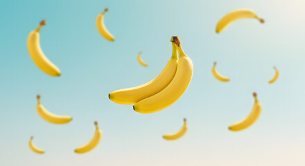 Floating Banana Cascade: A vibrant cascade of ripe, yellow bananas dance in a playful, surreal setting, evoking freshness and tropical delight.