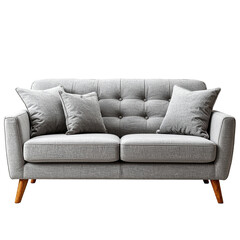 Fototapeta premium Modern Gray Sofa Isolated On White Background: A contemporary gray sofa with soft pillows and wooden legs offers a blend of comfort and style for any living space.