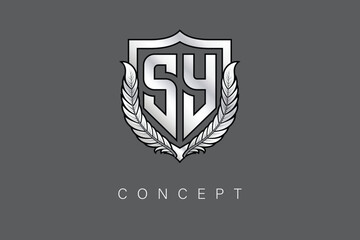 SY Creative Initial Letter Logo with Shield and Laurel Wreath Silver Metallic Branding Emblem on Gray Background.