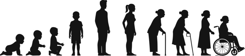 Silhouettes of Human Life Stages from Baby to Elderly with Walking Cane and Wheelchair – Vector Illustration of Aging Process