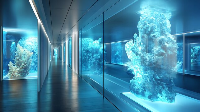 Futuristic corridor with glowing coral displays creating an immersive underwater experience for visitors and guests