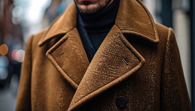 Close-up of a rich, warm-toned, textured overcoat with a distinctive woven pattern and double-breasted design.  The detailed craftsmanship is evident in the tailored collar and buttoned placket.