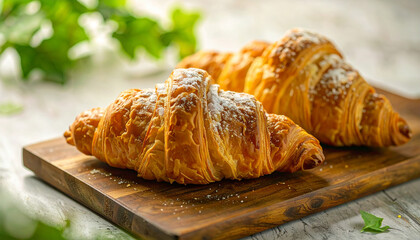 Golden Croissants: Two warm, flaky croissants sit invitingly on a rustic wooden board, their buttery layers glistening against a soft, natural background, perfect for breakfast. 