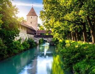 Fototapeta premium Picturesque canal with a historic bridge and tower