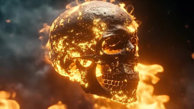 Fiery skull explodes with intense heat and smoke, a dramatic visual for action and horror themes