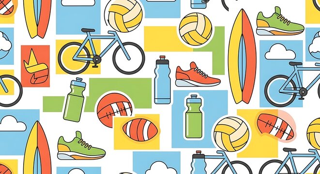 A colorful seamless pattern illustration featuring various sports