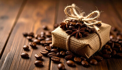 Coffee Bean Gift: A rustic gift box adorned with coffee beans and star anise, evoking the aroma and warmth of a perfect cup, resting gracefully on a wooden surface. 