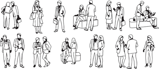 Collection of hand drawn figures in black and white sketch style