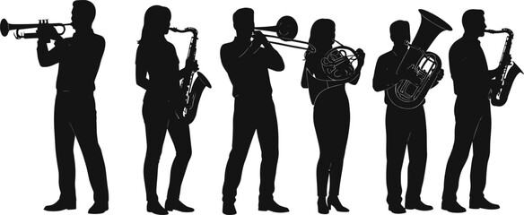 Silhouettes of Male and Female Musicians Playing Trumpet, Saxophone, Trombone, French Horn, Tuba, in Orchestra and Jazz Band © Creative Soul