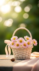 Wicker Basket Filled with Pink Daisies and Soft Sunlight flowers