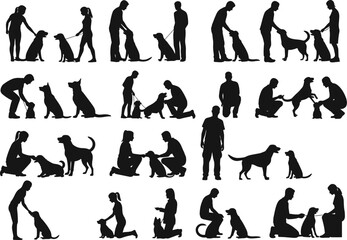 Silhouettes of People Training and Playing with Dogs in Various Poses &ndash; Vector Illustration of Pet Care and Animal Bonding