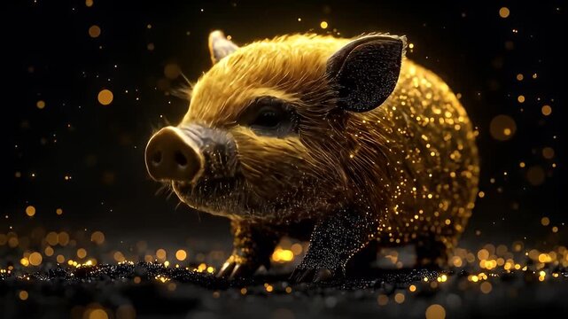 Majestic golden boar emerges from darkness, sparkling with magical light and energy.