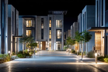 Obraz premium Modern Residential Architecture at Night with Illumination and Trees